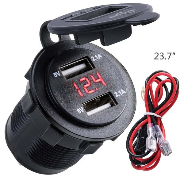 4.2A Waterproof Dual USB Charger Socket Power Outlet with Voltmeter LED light for 12-24V Car Boat marine ATV RV Motorcycle