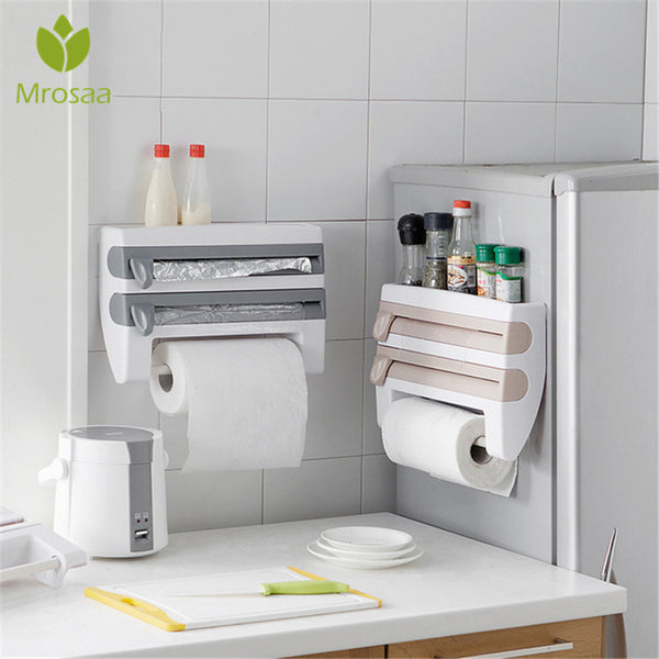 Kitchen Plastic Refrigerator Cling Film Storage Cutting Rack Wrap Cutter Tin Foils Paper Towel Holder Kitchen Shelf Hang Holder