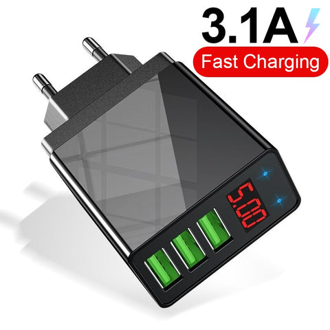 3 port USB Quick Charging Phone Charger LED Display For iPhone Xiaomi Samsung