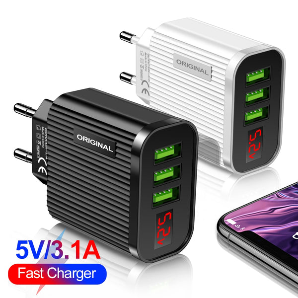 5V 3.1A Display USB Charger  3 Ports Fast Chargingr For iPhone Samsung Xiaomi USB Adapter