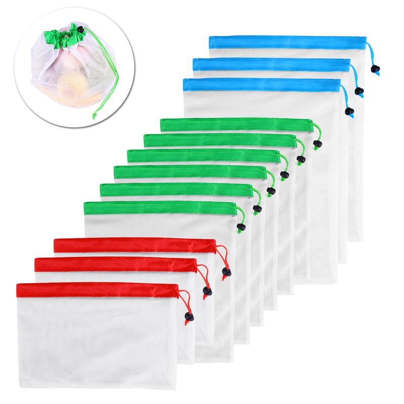 12pcs 3 Sizes Reusable Mesh Produce Bag Washable  for Grocery Bag Holder Fruit Vegetable